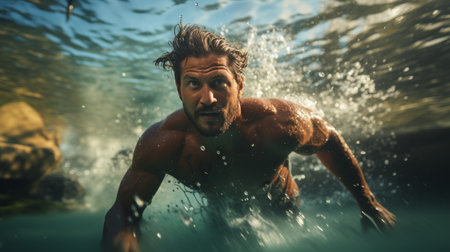 A Man Swimming Underwater in the Oceanの素材