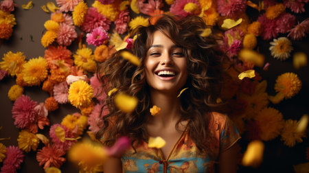 Woman With Long Hair Standing in Front of Flowersの素材