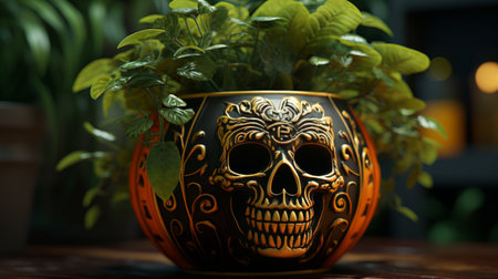 Skull Planter Sitting on Table Next to Potted Plantの素材