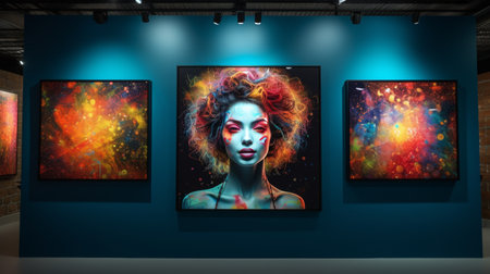 Three Paintings on a Wall in a Roomの素材