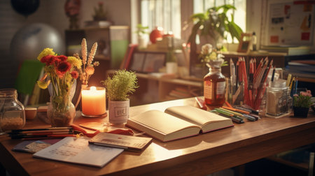 A Wooden Table Adorned With Books and Vases of Flowersの素材