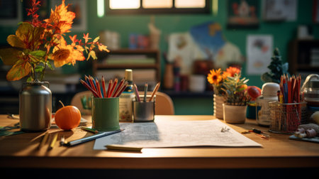 A Wooden Table Adorned With Books and Vases of Flowersの素材