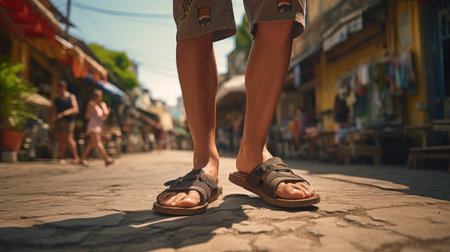 Person Standing on Cobblestone Street in Sandalsの素材