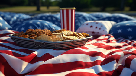 Bowl of Crackers and Popcorn on an American Flag Blanketの素材