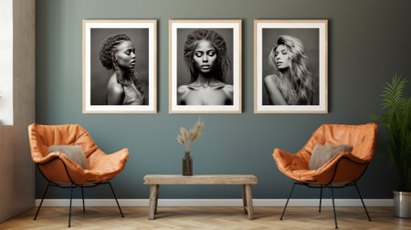 Three Paintings on a Wall in a Roomの素材