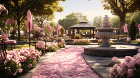 A Park Bench Under a Tree With Pink Flowersの素材