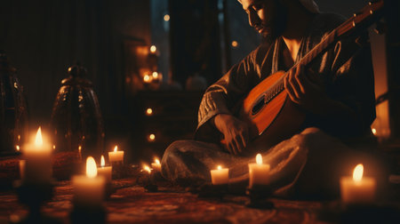 Man Playing Guitar Surrounded by Candlesの素材