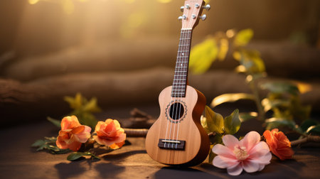 Ukulele Sitting on Table Next to Pine Coneの素材