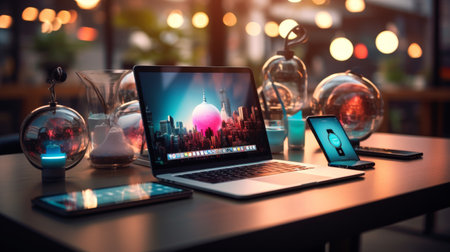 Table With Laptop, Cell Phone, and Bottleの素材