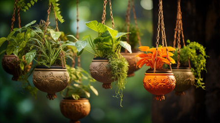 A Group of Hanging Planters Filled With Plantsの素材