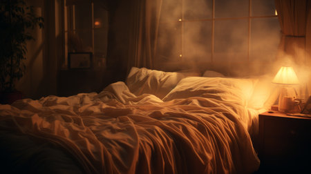 Bed Sitting in Bedroom Under Windowの素材