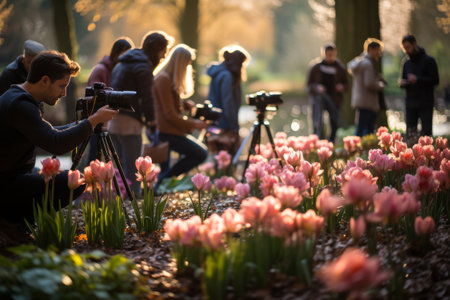 Group of People Gathering Around Flower Gardenの素材