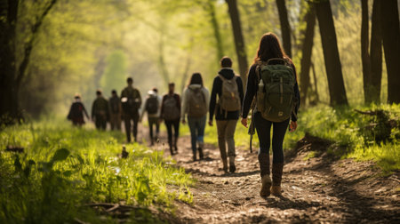 A Group of People Walking Down a Path in the Woodsの素材
