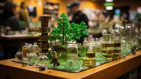 Wooden Table Covered in Glass Bottles Filled With Liquidの素材