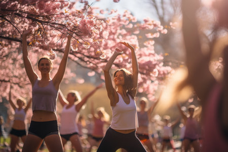 Group of People Doing Yoga in a Parkの素材