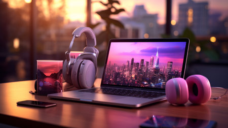 Table With Laptop, Cell Phone, and Bottleの素材