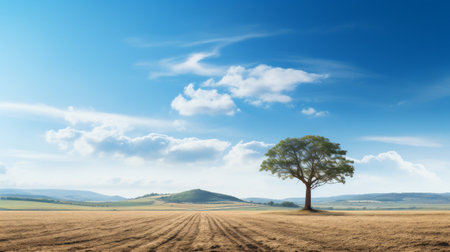 Majestic Tree in a Field Under a Blue Skyの素材