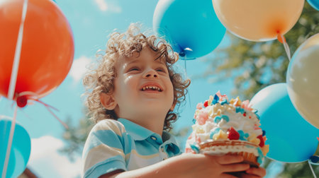 Little Boy Standing in Front of a Bunch of Balloonsの素材