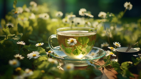 Glass Cup Filled With Green Tea Surrounded by Flowersの素材