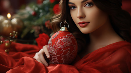 Woman in Red Dress Holding Red Ornamentの素材