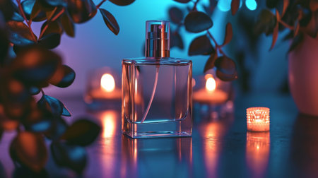 Bottle of Perfume Next to Candle on Tableの素材