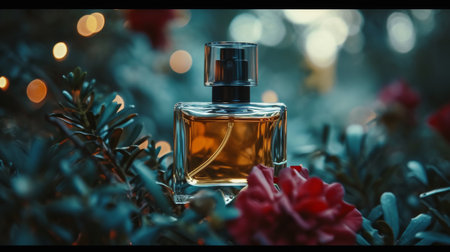Bottle of Perfume Next to Candle on Tableの素材