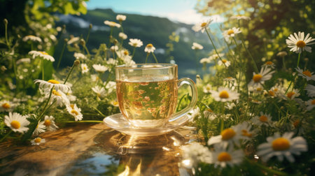 Glass Cup Filled With Green Tea Surrounded by Flowersの素材