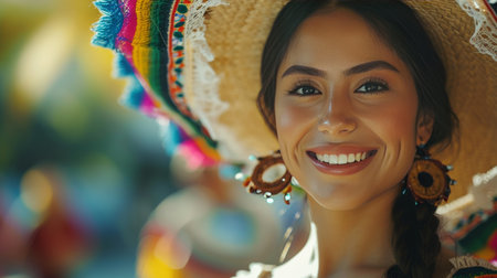 Woman in Mexican Hat Smiles for Cameraの素材
