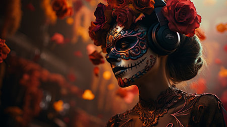 Woman Wearing Mask With Flowers on Headの素材