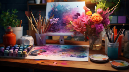 Wooden Table With Vases of Flowersの素材