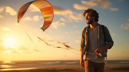 Man With Backpack Flying Kite in Skyの素材