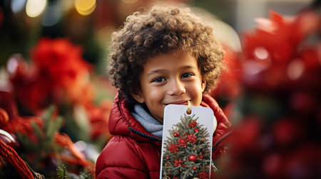 Little Boy Standing Next to Christmas Treeの素材