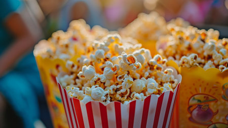 Close Up of Popcorn in Striped Paper Cupsの素材