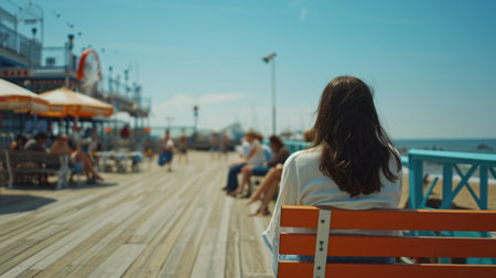 Woman Sitting on Bench by Ocean Horizonの素材