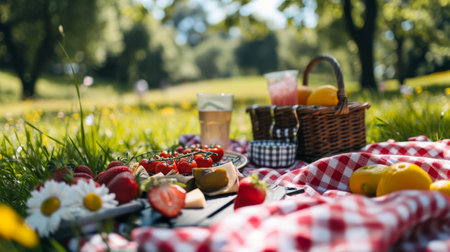 A Picnic With a Basket of Food and a Glass of Orange Juiceの素材