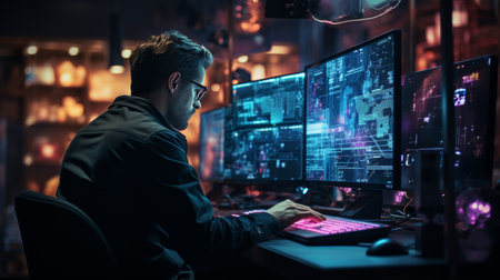 Man Sitting at Computer Desk With Monitorsの素材