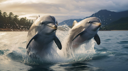 Two Dolphins Jumping Out of Water at Sunsetの素材