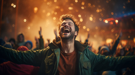 Man With Arms Raised in Front of Fireworksの素材