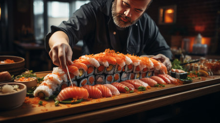 Man Cutting Up Sushi on Cutting Boardの素材