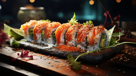 Plate of Sushi on Wooden Tableの素材