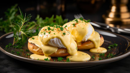 Eggs Covered in Hollandaise on Black Plateの素材