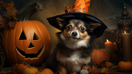 Small Dog Wearing Witches Hat Next to Pumpkinsの素材