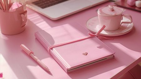 Pink Desk With Notebook, Pen, and Cup of Coffeeの素材