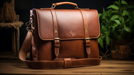 Brown Leather Briefcase on Wooden Tableの素材