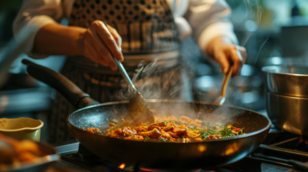 Person Cooking Food in Wok on Stoveの素材