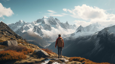 Man Standing With Backpack in Mountain Landscapeの素材