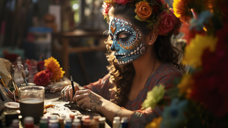 Woman With Painted Face Sitting at Tableの素材