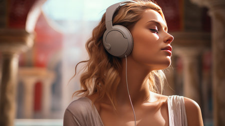 Woman Wearing Headphones Looking Awayの素材