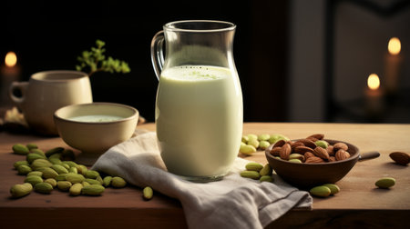 Glass of Milk Next to Bowl of Nutsの素材