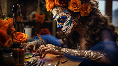 Woman With Painted Face Sitting at Tableの素材